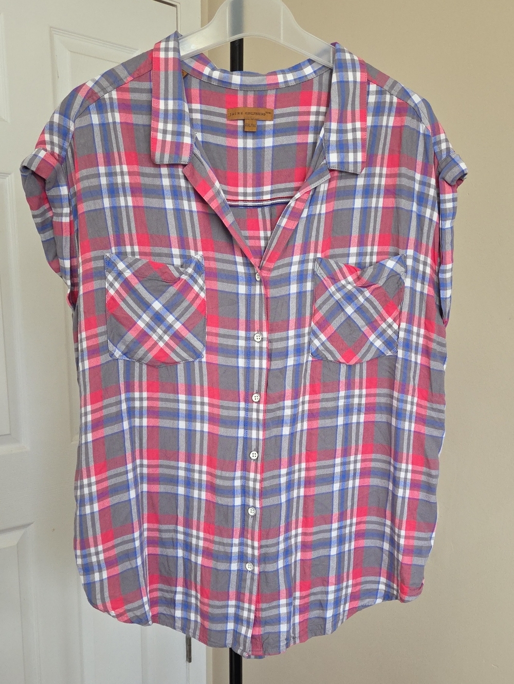 Jachs Pink, Gray & Blue Plaid Short-Sleeve Button-Front Shirt